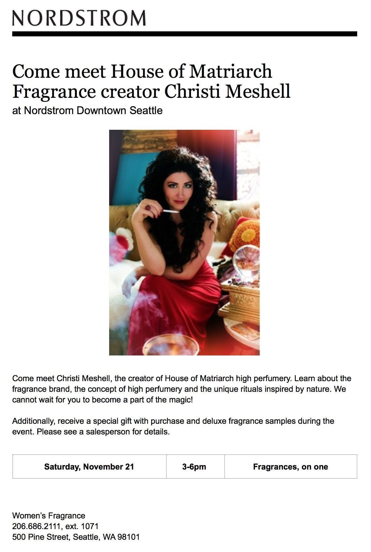 House of Matriarch retail launch: Saturday, November 21st at the downtown Seattle Nordstrom